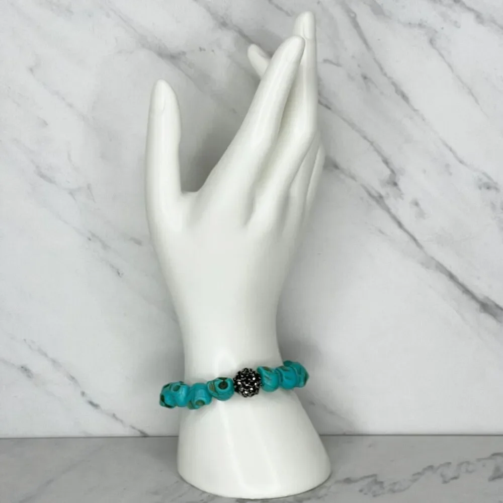 Faux Turquoise Skull Rhinestone Beaded Stretch Bracelet